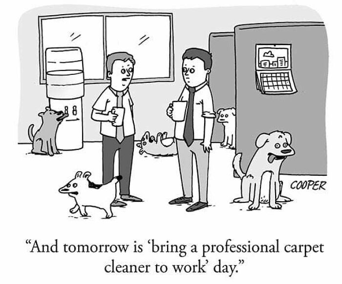 Two office workers talk by a water cooler surrounded by dogs in a cartoon about modern living humor by Nathan Cooper.