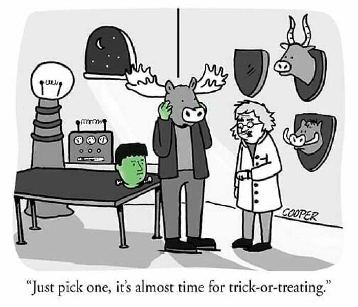 Cartoonist Nathan Cooper's one-panel comic shows a man choosing a funny animal head for Halloween in a modern living room.