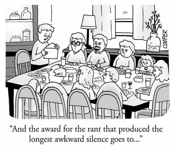 Black and white comic by Nathan Cooper showing a family dinner with awkward silence about modern living frustrations.