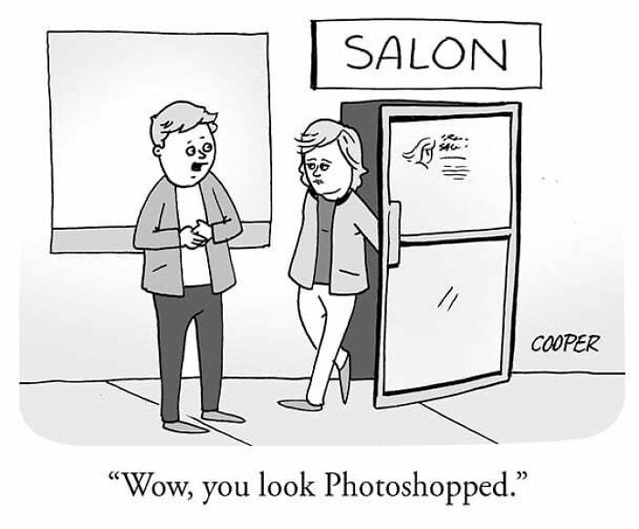 Cartoonist Nathan Cooper one-panel comic showing two people outside a salon with a humorous modern living theme.