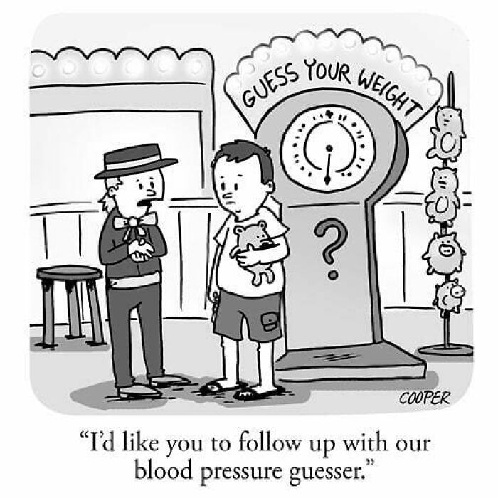 Cartoonist Nathan Cooper comic showing a man guessing weight by holding a teddy bear next to a guessing machine.