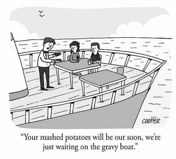 Cartoonist Nathan Cooper one-panel comic showing a waiter serving food on a boat with a funny gravy boat pun.
