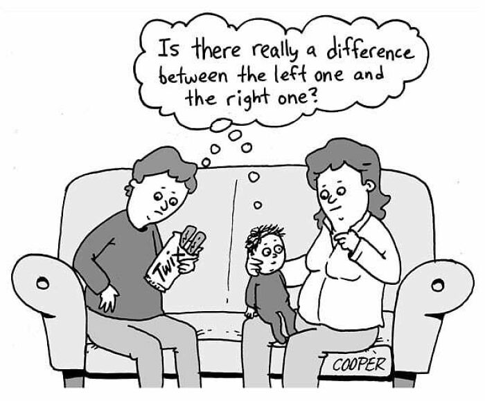 Cartoonist Nathan Cooper one-panel comic showing a family on a couch questioning differences between two choices.