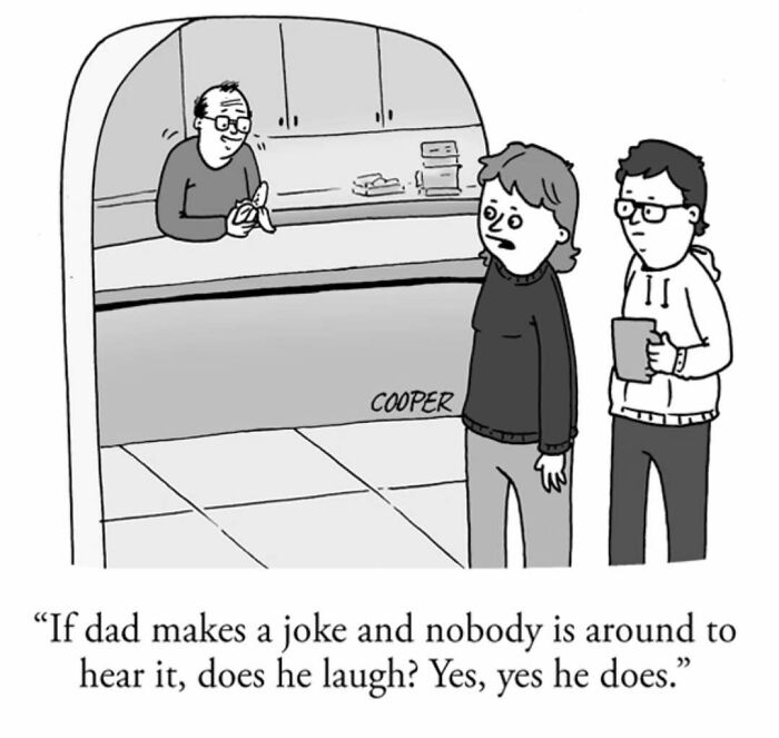 Cartoonist Nathan Cooper’s one-panel comic showing a dad making a joke alone in the kitchen with family nearby.