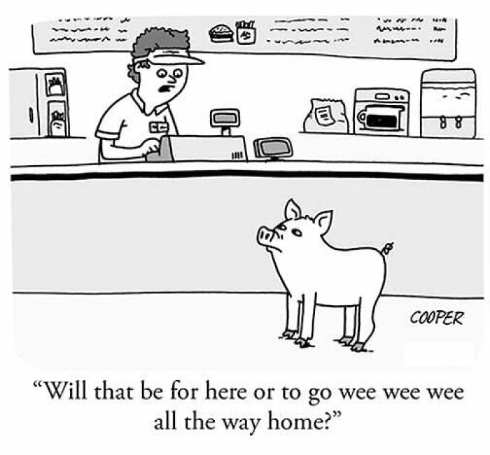 Cartoonist Nathan Cooper comic shows a worker at a counter talking to a pig with a humorous modern living twist.