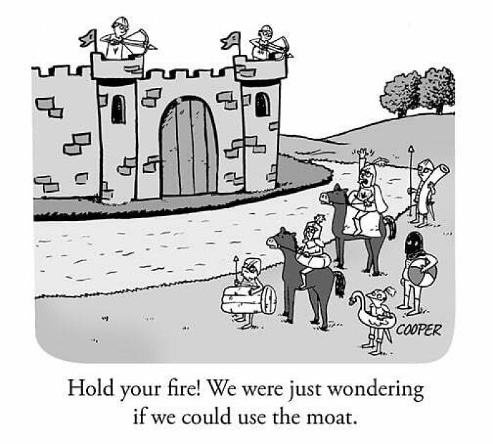 Cartoonist Nathan Cooper one-panel comic showing medieval knights humorously asking to use the castle moat in modern living context.