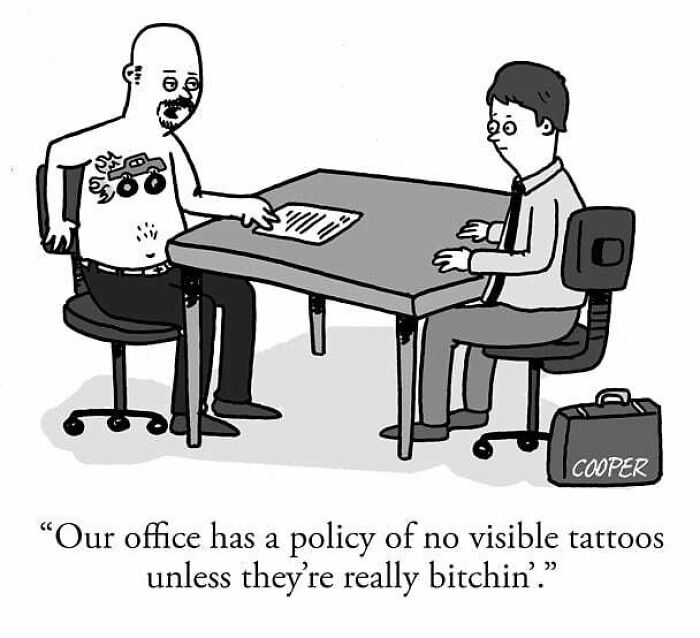 Cartoonist Nathan Cooper one-panel comic showing two men in an office discussing visible tattoo policy humorously.