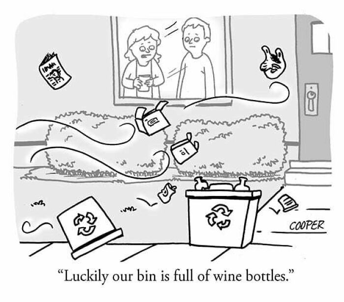 Cartoonist Nathan Cooper’s one-panel comic showing recycling bins and blowing trash with a humorous modern living twist.