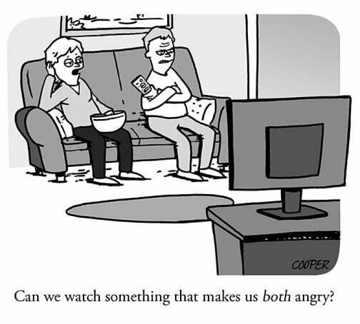 Cartoonist Nathan Cooper's one-panel comic shows two people angrily watching TV, highlighting humor in modern living.