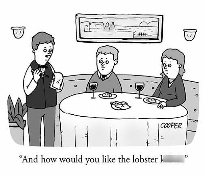 Black and white cartoon by Nathan Cooper showing a waiter taking an awkward order from a couple at a restaurant table.