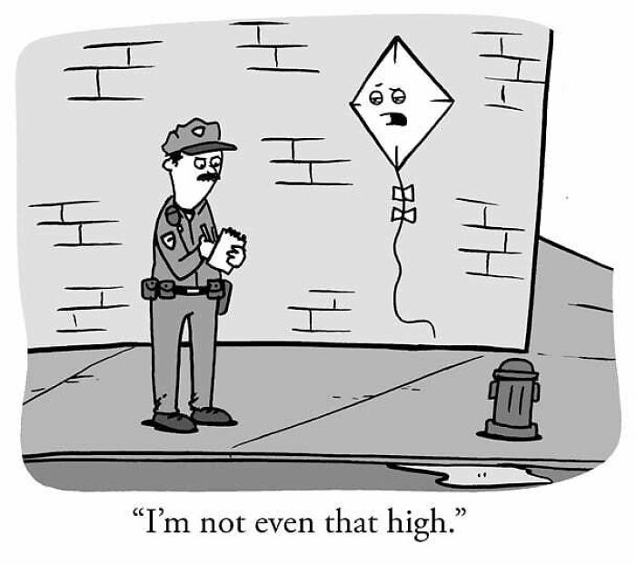 Cartoonist Nathan Cooper's one-panel comic shows a police officer writing a ticket to a talking kite about being high.