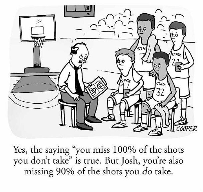Cartoonist Nathan Cooper's one-panel comic showing a basketball coach humorously advising players about missed shots.