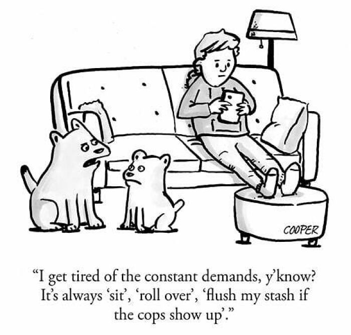 Cartoonist Nathan Cooper's one-panel comic shows a person lounging while two dogs discuss modern living demands humorously.