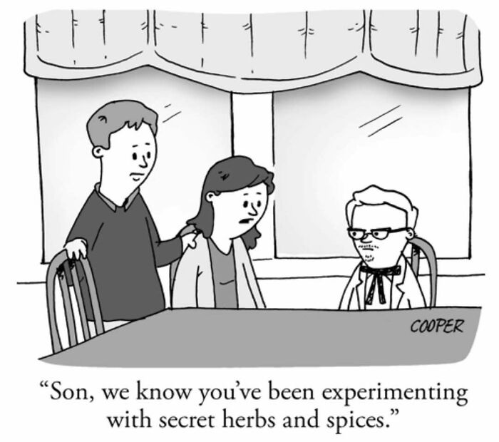 Cartoonist Nathan Cooper comic showing a family confronting a young chef about secret herbs and spices humor in modern living.