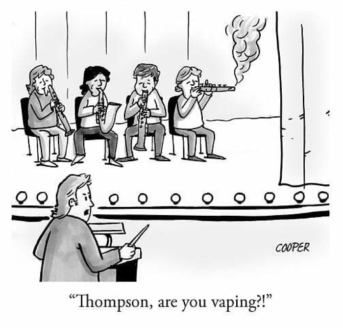 Cartoon showing a humorous scene of a band playing instruments with one musician vaping on stage, by Nathan Cooper.
