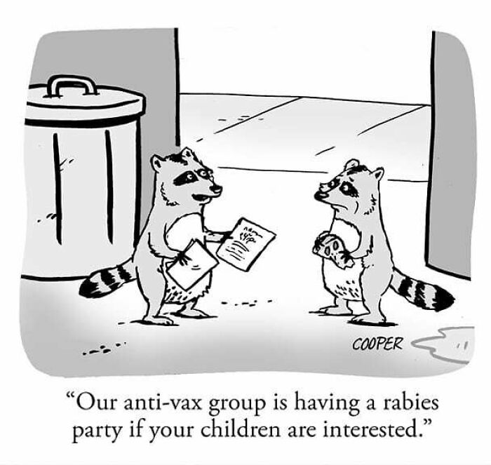 Cartoonist Nathan Cooper's one-panel comic showing raccoons humorously discussing modern anti-vax themes.