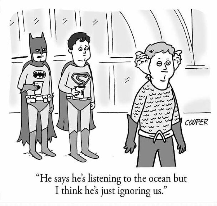 Cartoonist Nathan Cooper one-panel comic showing superheroes awkwardly standing and talking about ignoring friends.