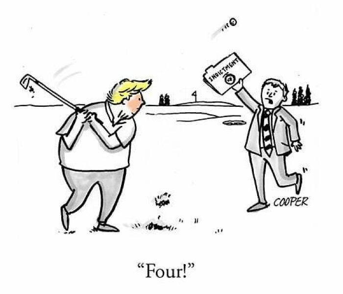 Cartoonist Nathan Cooper’s one-panel comic shows a golfer being penalized with a lawsuit on a golf course.