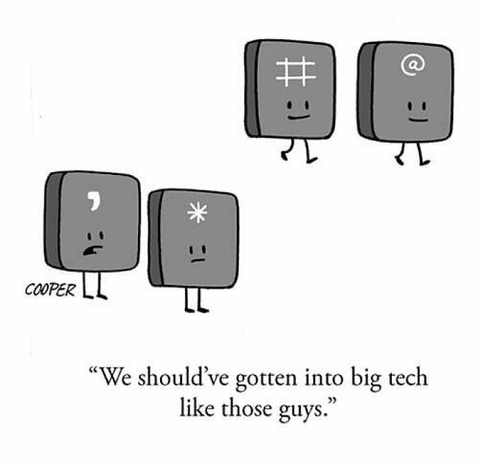 Comic by Nathan Cooper featuring keyboard keys with faces, highlighting humor in modern living and tech culture differences.