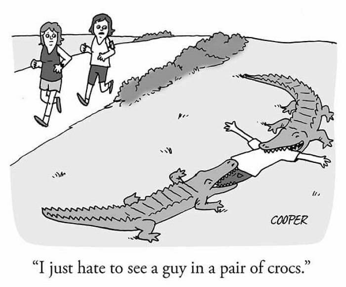Cartoon by Nathan Cooper showing a man with crocodile heads as feet, illustrating the funny side of modern living.