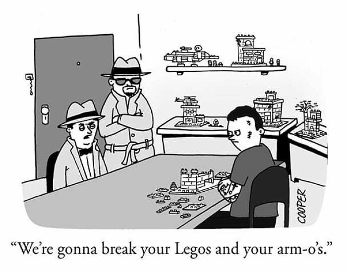 Cartoonist Nathan Cooper’s comic shows a man threatening to break Legos and arm-o's in a humorous modern living scene.