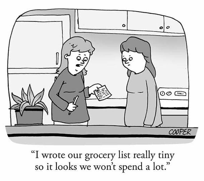 Cartoonist Nathan Cooper’s one-panel comic showing two people discussing a tiny grocery list humorously about modern living.