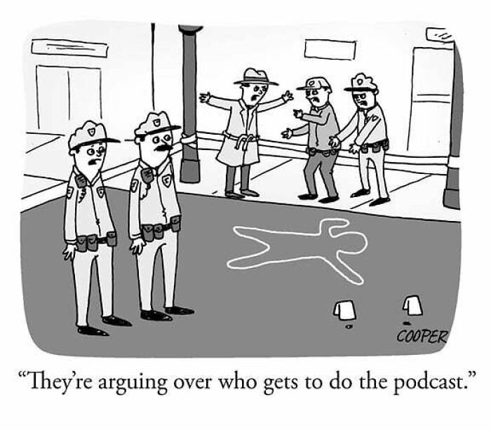 Cartoonist Nathan Cooper's one-panel comic shows police officers humorously arguing at a crime scene chalk outline.