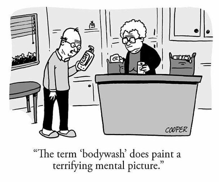 Cartoonist Nathan Cooper comic showing a man and woman discussing the funny side of modern living with bodywash humor.