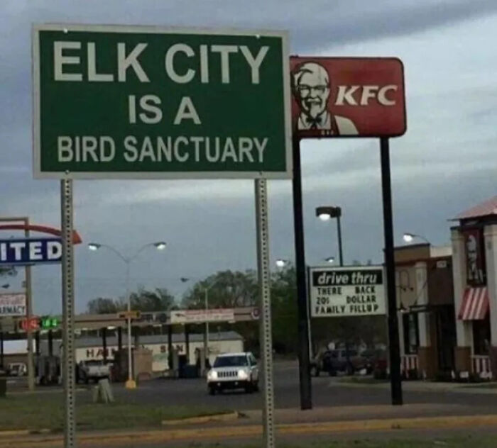 Road signs showing Elk City as a bird sanctuary with a nearby KFC, capturing posts that go from 0 to 100 real quick.
