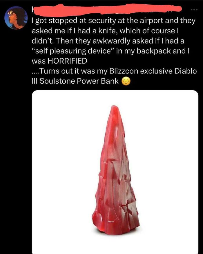 Tweet about airport security mistaking a Diablo III Soulstone power bank for a self-pleasuring device in a surprising post.