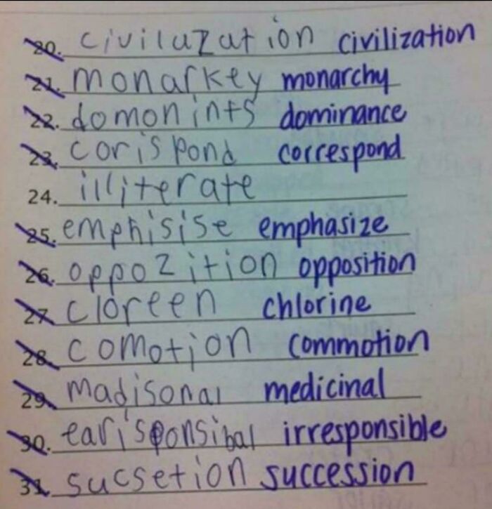 Handwritten and corrected list of commonly misspelled words with quick corrections, showcasing posts that go from 0 to 100 real quick.