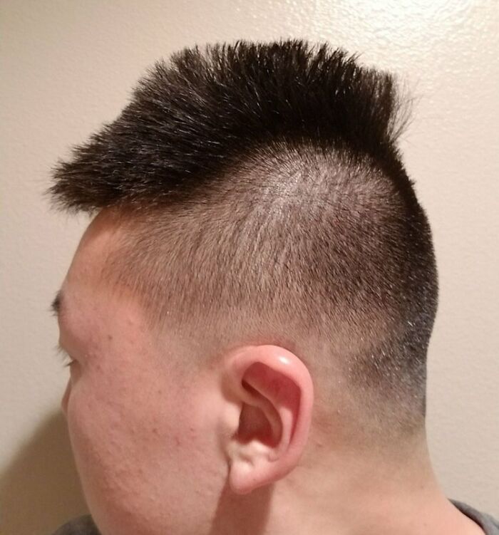Side view of a person with a tragically uneven haircut showcasing a hilariously tragic hair accident.