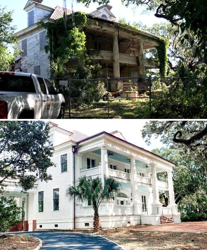 Old homes before and after restoration, showcasing charming historic architecture surrounded by trees and greenery.