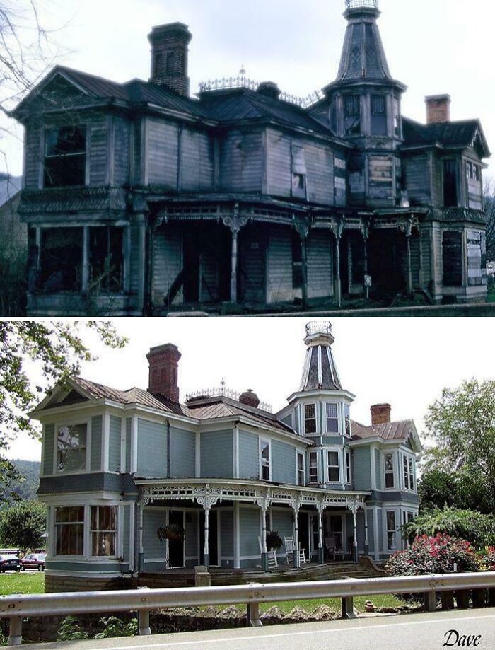 Charming old home showing before and after restoration with intricate Victorian architectural details.