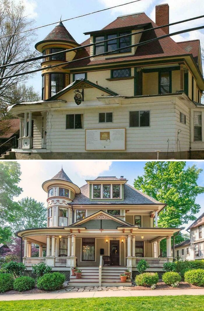 Charming old home before and after restoration with turret and large porch surrounded by greenery.