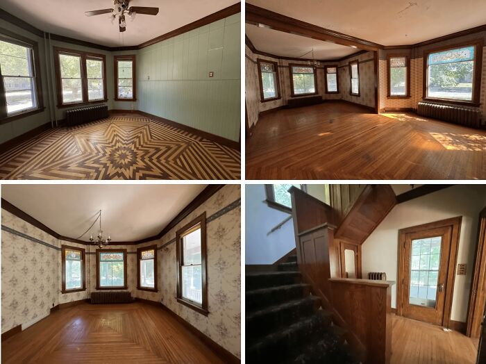 Collage of charming old homes interiors featuring intricate wood floors, vintage windows, and classic staircase details.