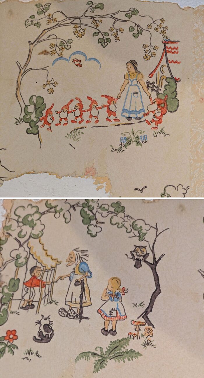 Vintage wallpaper featuring charming old home storybook scenes with whimsical characters and nature motifs.