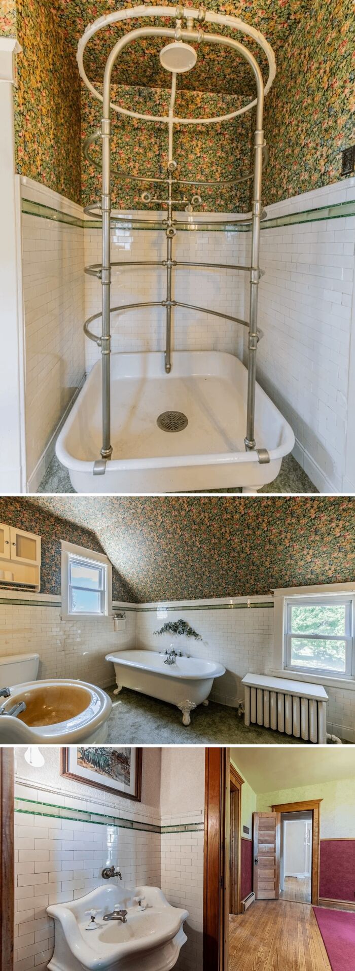 Vintage bathroom fixtures and floral wallpaper in charming old homes with classic tubs and sinks.