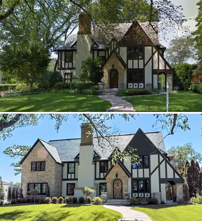 Two charming old homes with Tudor-style architecture surrounded by green lawns and trees in bright daylight.