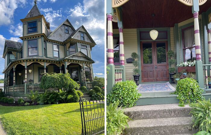Victorian charming old home with detailed architecture and a welcoming porch surrounded by lush greenery under a blue sky.