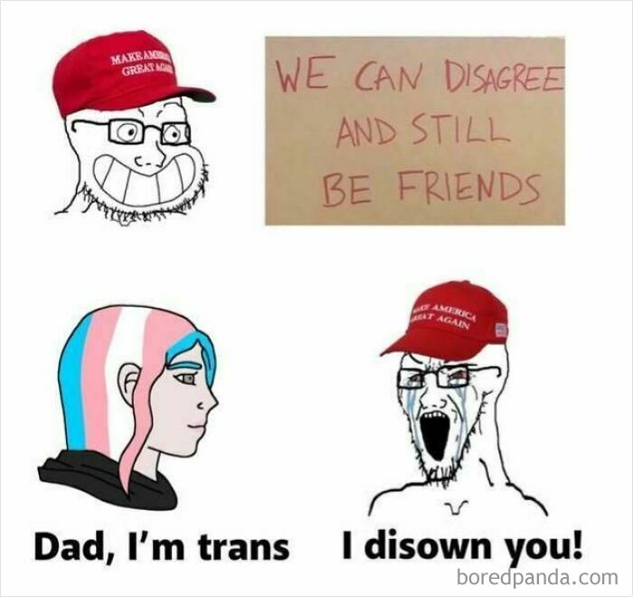 Cartoon showing a dystopic society with conflict over gender identity and political beliefs causing family division and distress.