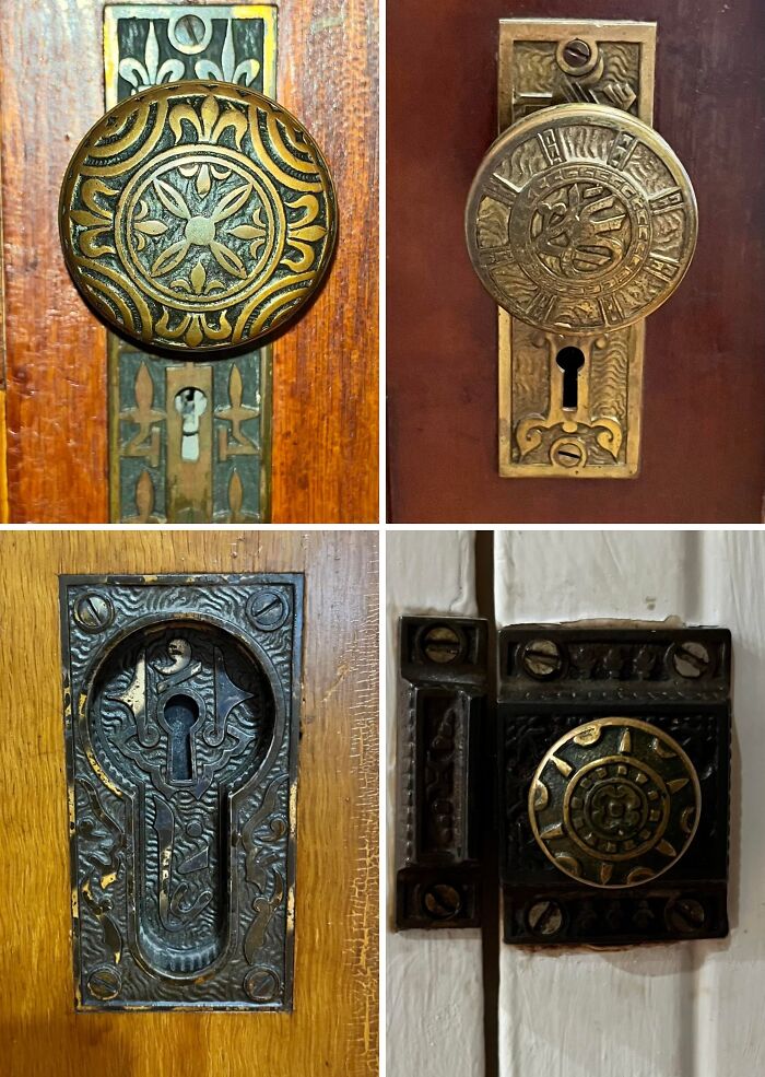 Close-up images of charming old home door hardware featuring intricate vintage doorknobs and keyholes with detailed designs.