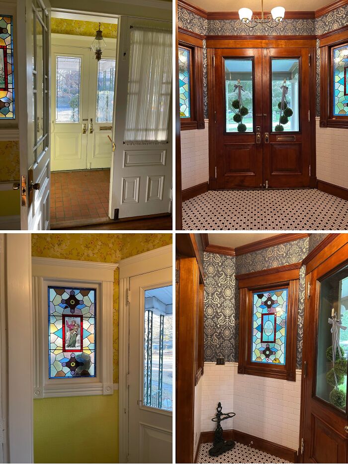 Charming old home interiors featuring stained glass windows, vintage doors, floral wallpaper, and classic wood trim details.