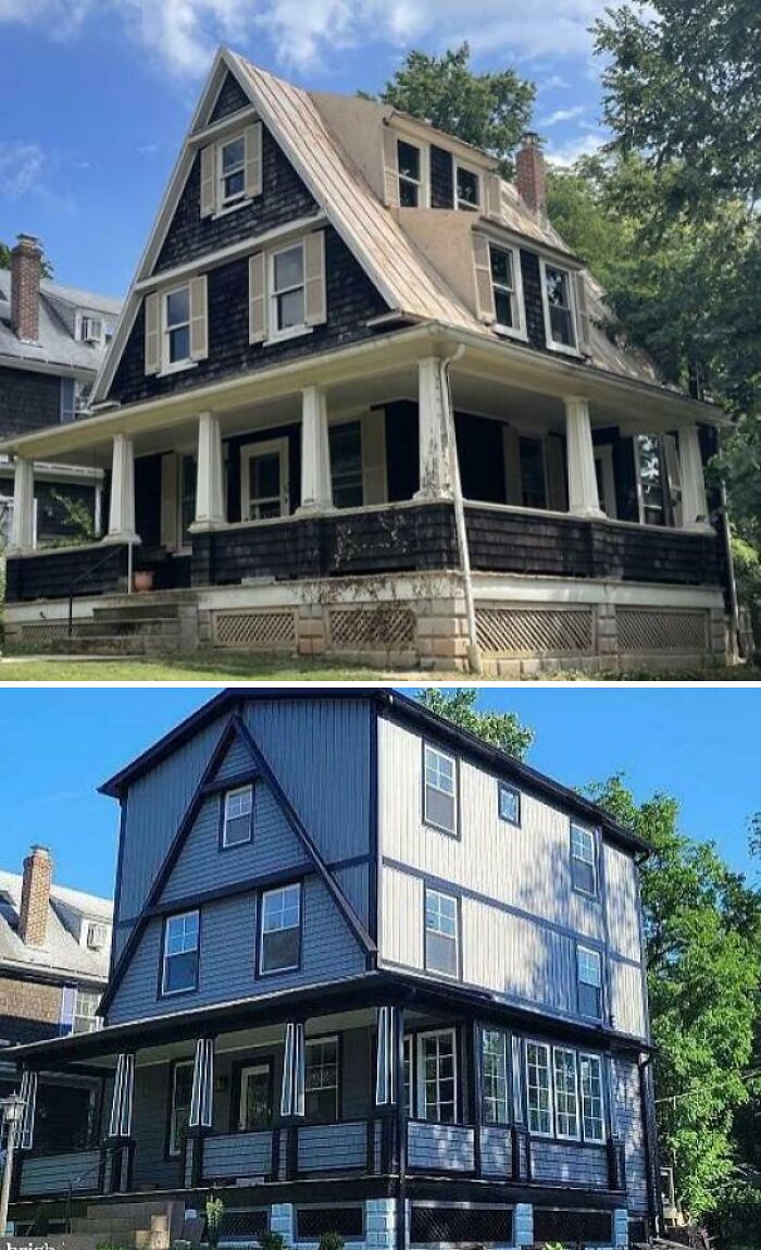 Before and after pictures showing the restoration of charming old homes with detailed trim and wide porches
