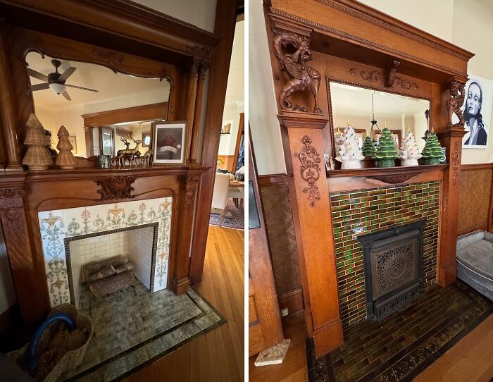 Two charming old home fireplaces with detailed wood carvings and vintage tiles, showcasing classic architectural story elements.