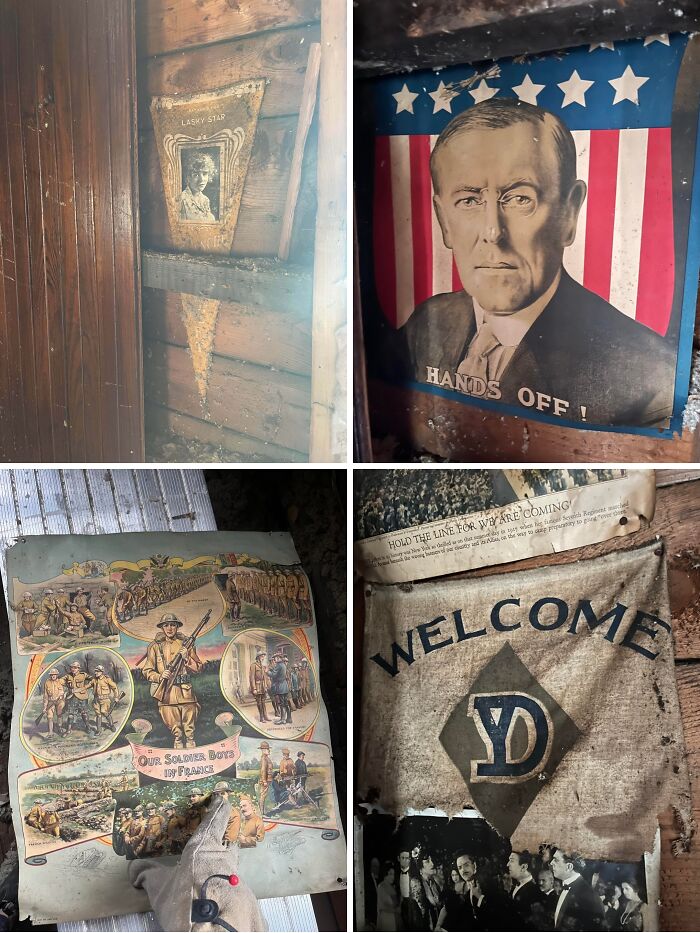 Vintage posters and memorabilia found inside a charming old home showcasing history and stories over time.