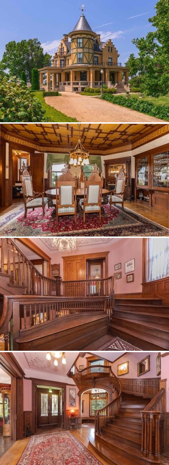Charming old homes with historic architecture, vintage dining room, and intricate wooden staircases in a well-preserved interior.