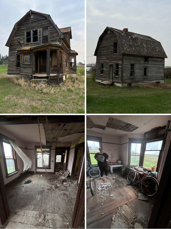 Collage of charming old homes with weathered wood exteriors and worn, story-filled interiors in rural settings.