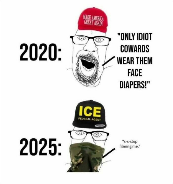 Cartoon depicting dystopic society shifts from mask skepticism in 2020 to fear of federal agents in 2025.