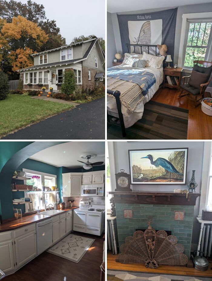 Charming old homes with vintage interior details including a cozy bedroom, classic kitchen, and decorative fireplace.